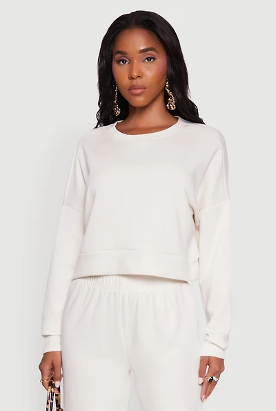 Womens Crew Neck Long Sleeve Sweatshirt, White, Size L