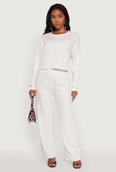 Womens Elastic Waist High Waisted Wide Leg Casual Pants, White, Size M