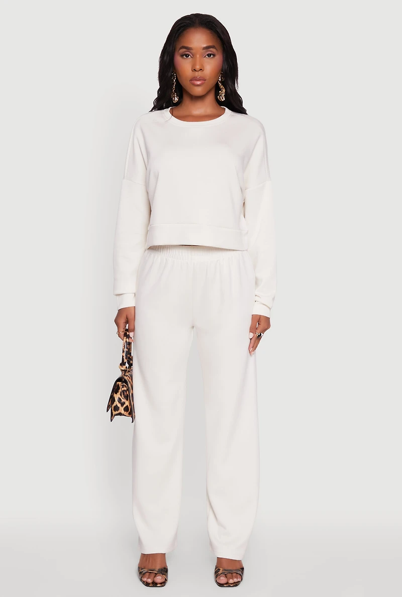 Womens Elastic Waist High Waisted Wide Leg Casual Pants, White,