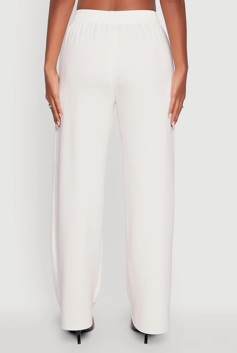 Womens Elastic Waist High Waisted Wide Leg Casual Pants, White,