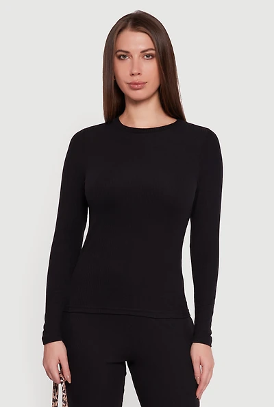 Womens Ribbed Knit Long Sleeve Crew Neck Top, Black, Size M