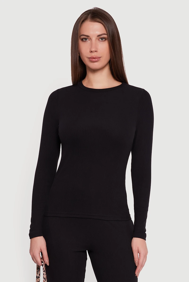 Ribbed Knit Long Sleeve Crew Neck Top