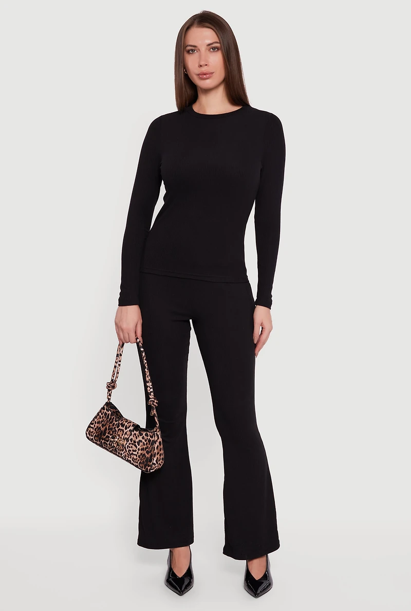 Womens Ribbed Knit Long Sleeve Crew Neck Top, Black, Size M