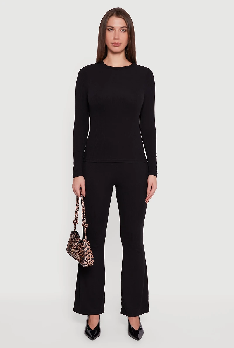 Womens Ribbed Knit Long Sleeve Crew Neck Top,