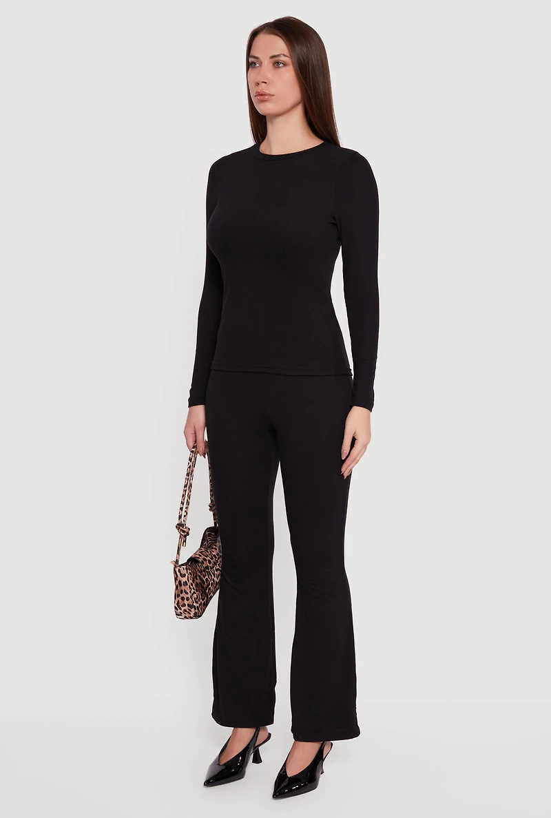 Womens Ribbed Knit Long Sleeve Crew Neck Top, Black, Size M