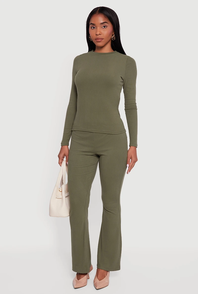 Ribbed Knit Long Sleeve Crew Neck Top