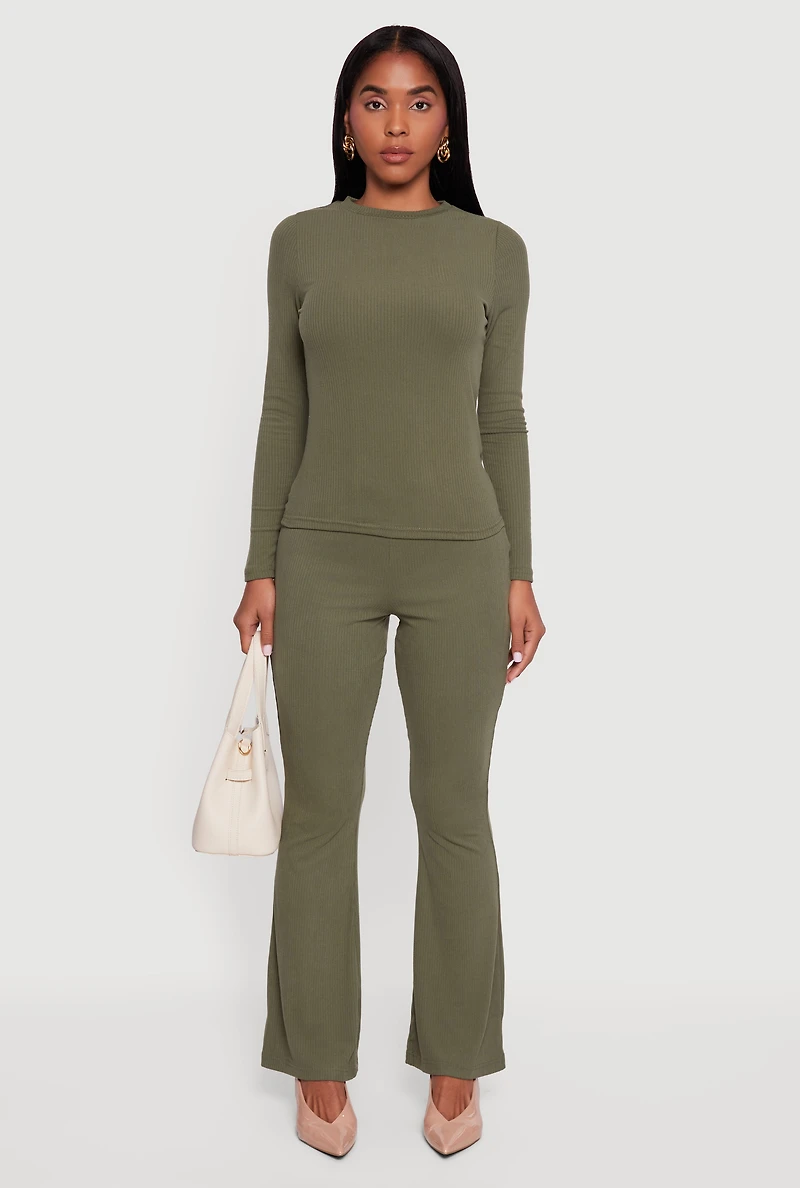 Ribbed Knit Long Sleeve Crew Neck Top