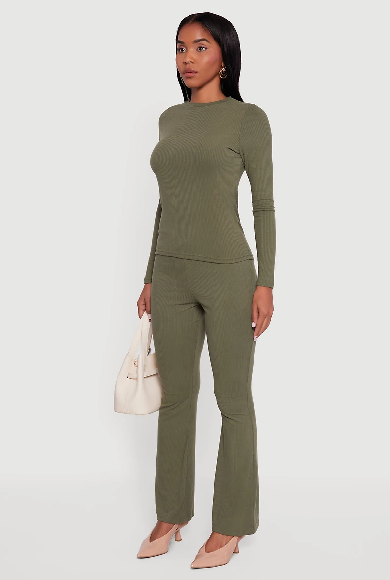 Ribbed Knit Long Sleeve Crew Neck Top