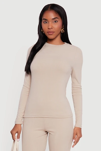 Womens Ribbed Knit Long Sleeve Crew Neck Top,