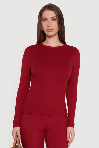Ribbed Knit Long Sleeve Crew Neck Top