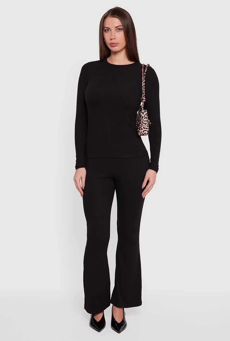 Womens Ribbed Knit Flare Leg Casual Pants,