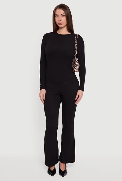 Womens Ribbed Knit Flare Leg Casual Pants,