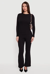 Womens Ribbed Knit Flare Leg Casual Pants,