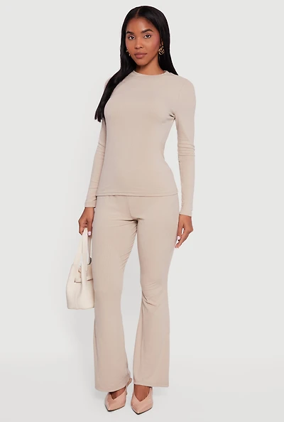 Ribbed Knit Flare Leg Casual Pants