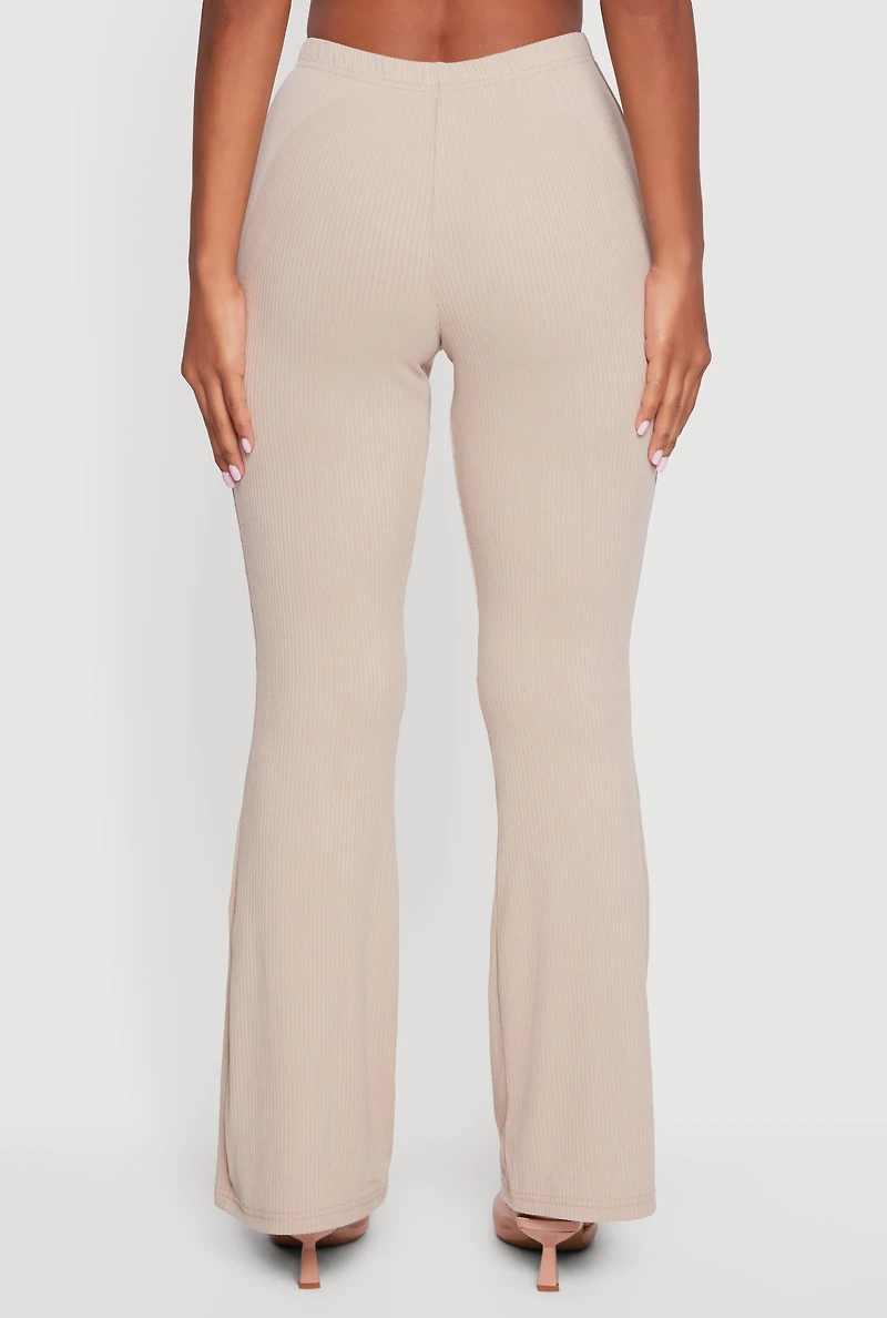 Womens Ribbed Knit Flare Leg Casual Pants, Beige, Size S