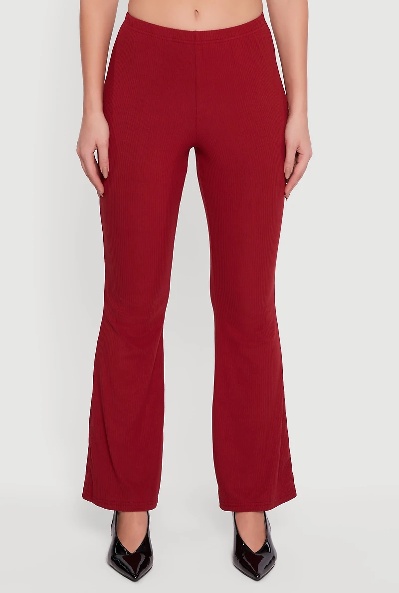 Womens Ribbed Knit Flare Leg Casual Pants, Burgundy, Size XL
