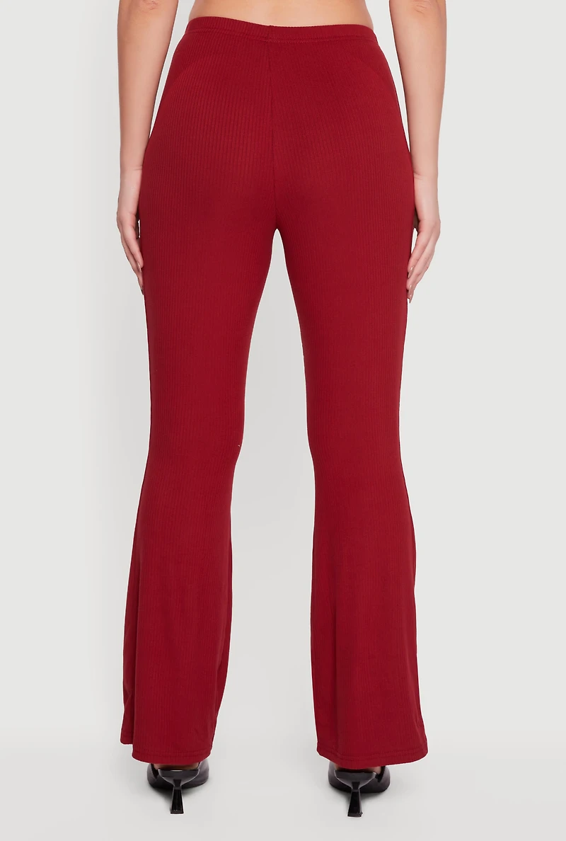 Womens Ribbed Knit Flare Leg Casual Pants, Burgundy, Size XL