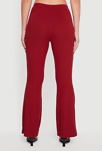 Womens Ribbed Knit Flare Leg Casual Pants, Burgundy, Size XL