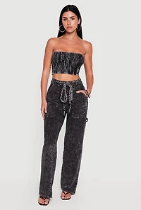 Smocked Acid Wash Strapless Crop Top