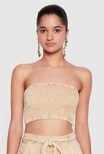 Smocked Acid Wash Strapless Crop Top
