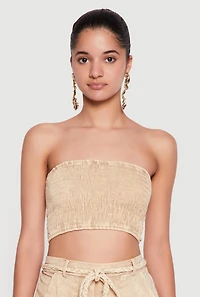 Smocked Acid Wash Strapless Crop Top
