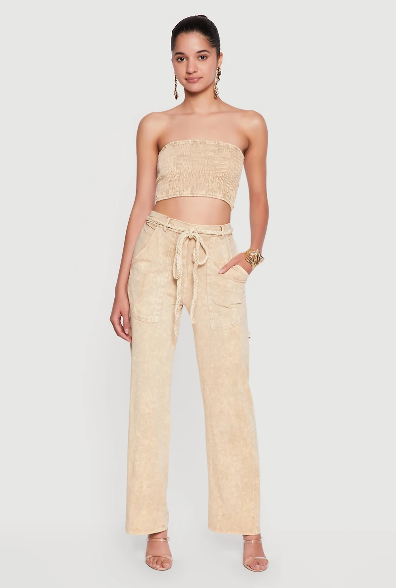 Smocked Acid Wash Strapless Crop Top
