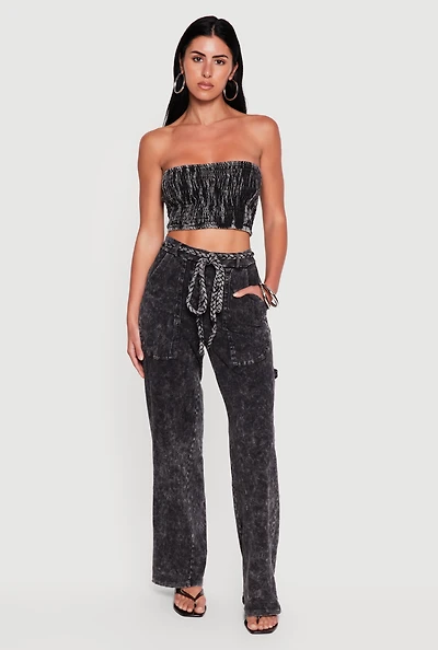 High Waisted Acid Wash Casual Pants with Tie Waist Belt