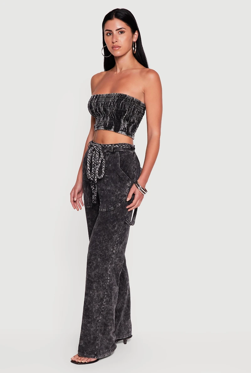 High Waisted Acid Wash Casual Pants with Tie Waist Belt