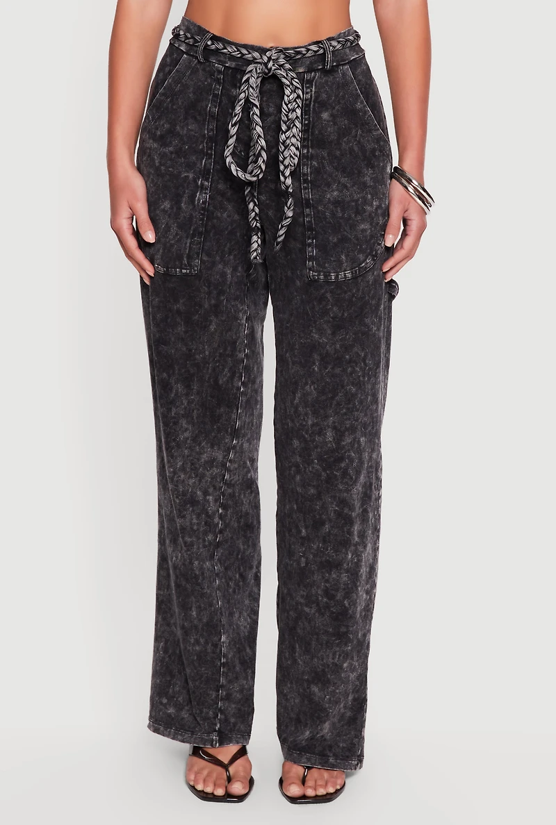 High Waisted Acid Wash Casual Pants with Tie Waist Belt
