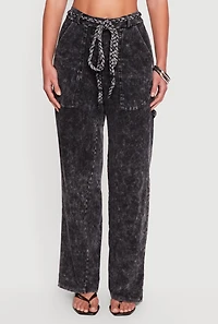 High Waisted Acid Wash Casual Pants with Tie Waist Belt