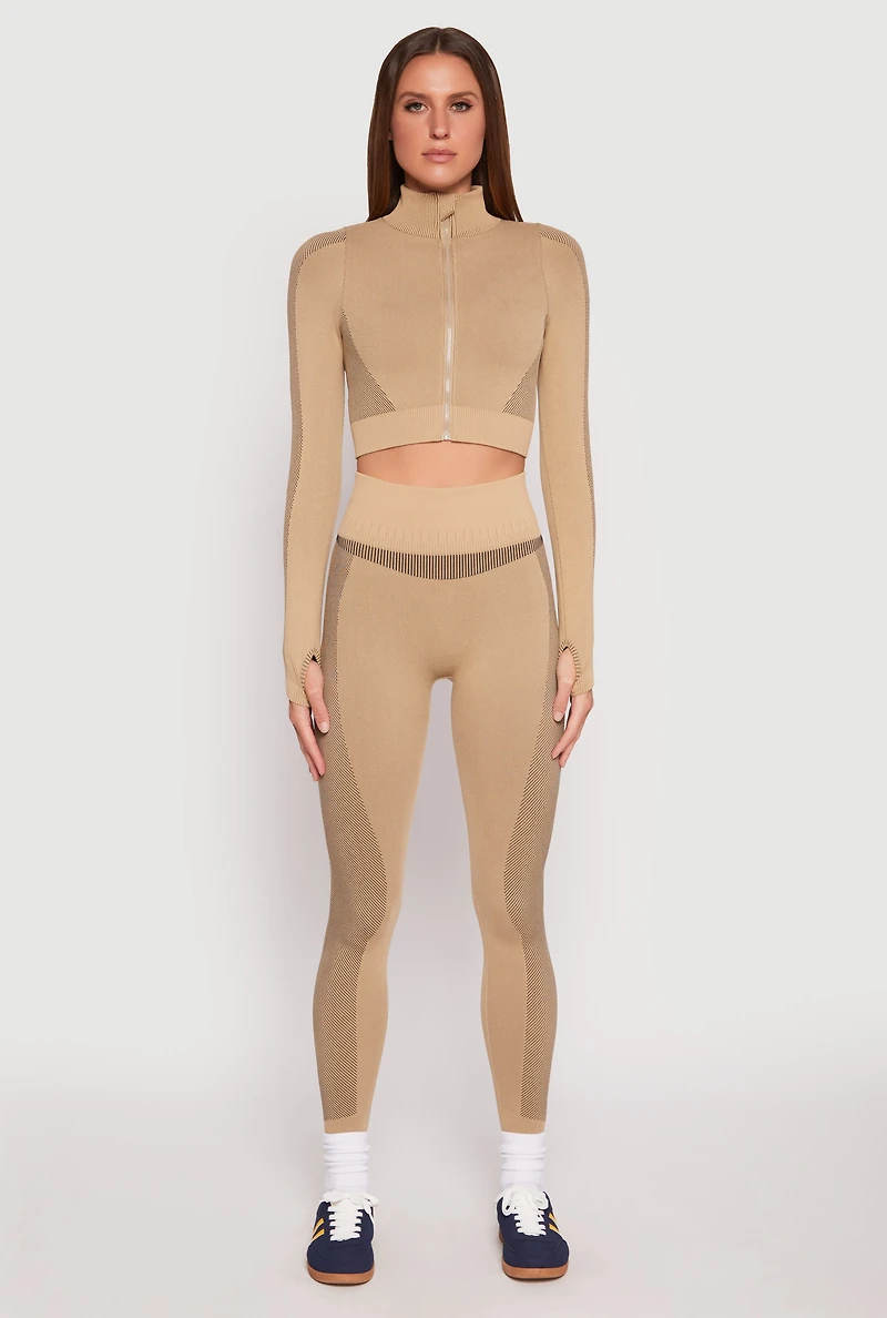 Womens Seamless Compression Rib Leggings, Khaki, Size L-XL