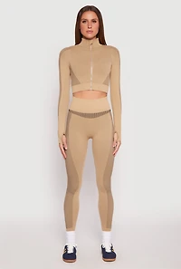 Womens Seamless Compression Rib Leggings, Khaki, Size L-XL