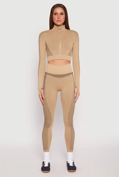 Womens Seamless Compression Rib Leggings, Khaki, Size S-M