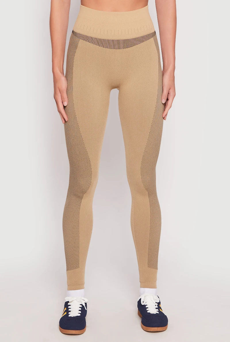 Womens Seamless Compression Rib Leggings, Khaki, Size L-XL
