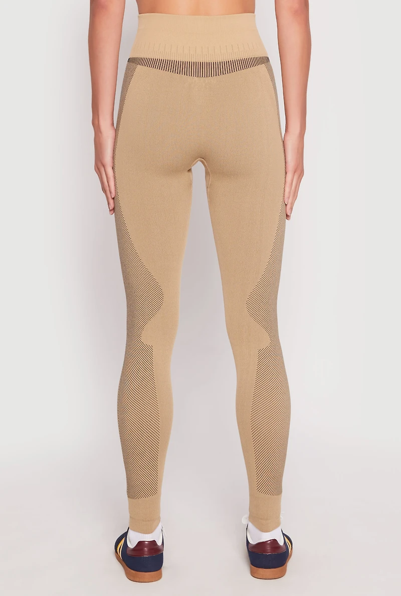 Womens Seamless Compression Rib Leggings, Khaki, Size L-XL