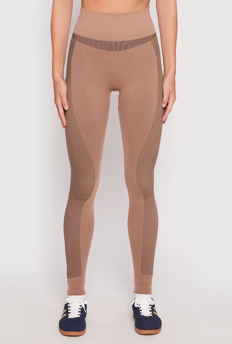Womens Seamless Compression Rib Leggings, Brown, Size L-XL