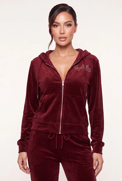 Rhinestone Spoiled Graphic Velour Zip Front Hoodie