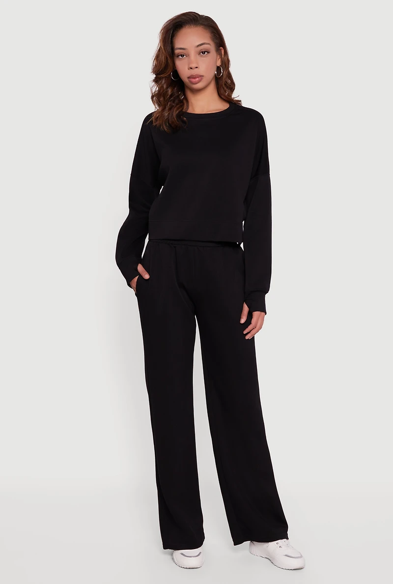 Womens Cropped Crew Neck Sweatshirt with Thumb Holes, Black, Size M