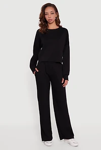 Womens Cropped Crew Neck Sweatshirt with Thumb Holes, Black, Size M