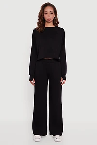 Womens Cropped Crew Neck Sweatshirt with Thumb Holes, Black, Size M