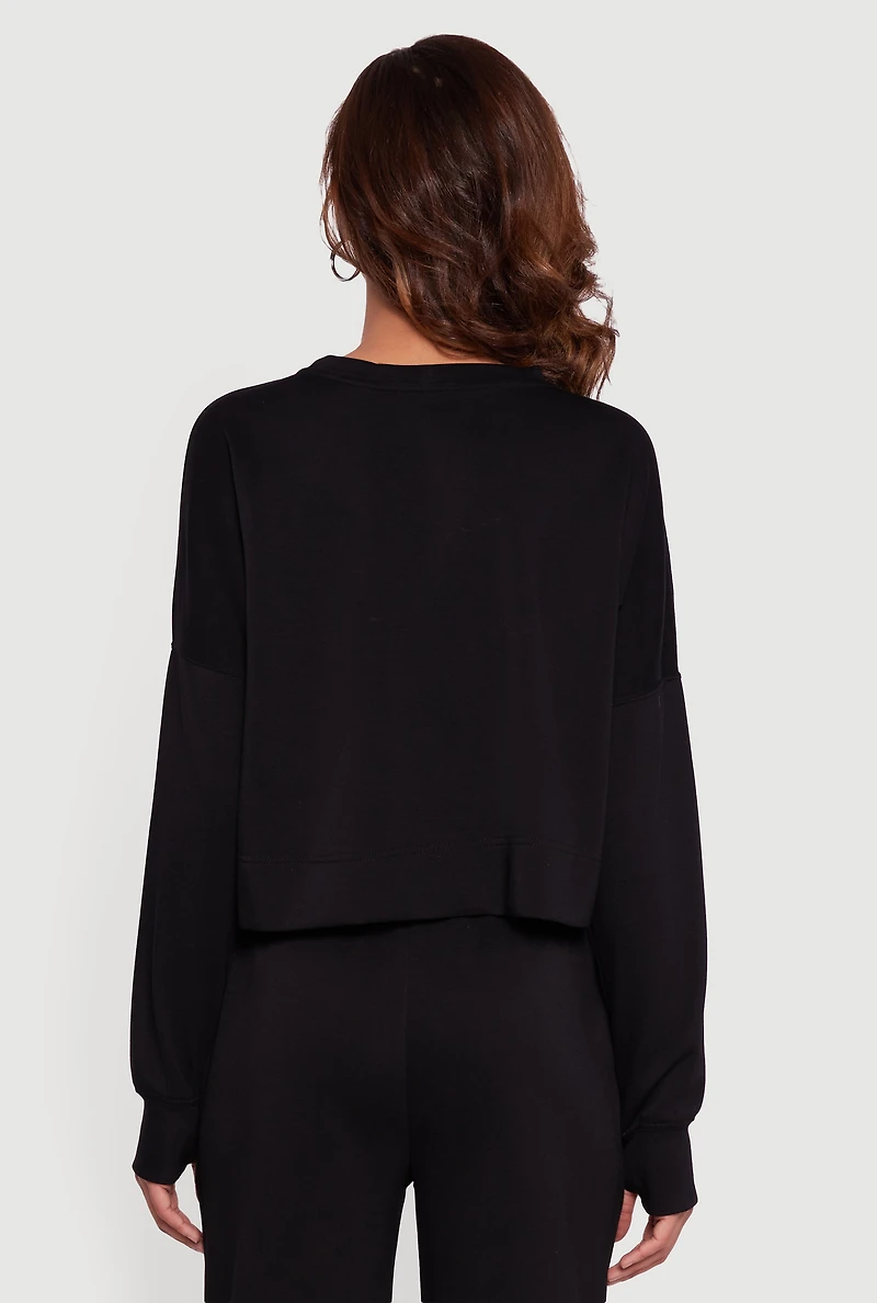 Womens Cropped Crew Neck Sweatshirt with Thumb Holes, Black, Size M