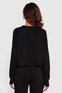 Womens Cropped Crew Neck Sweatshirt with Thumb Holes, Black, Size M