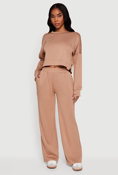 Womens Elastic Waist Pull On Wide Leg Sweatpants, Khaki, Size L