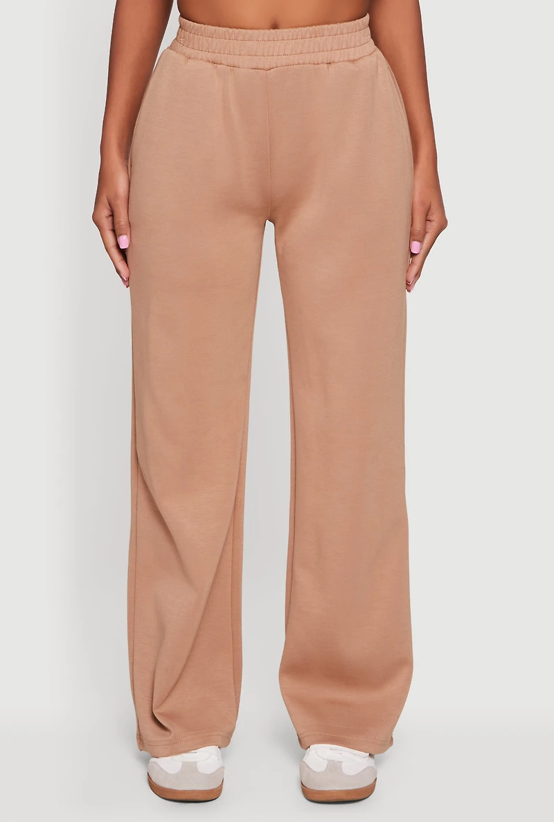 Womens Elastic Waist Pull On Wide Leg Sweatpants, Khaki,