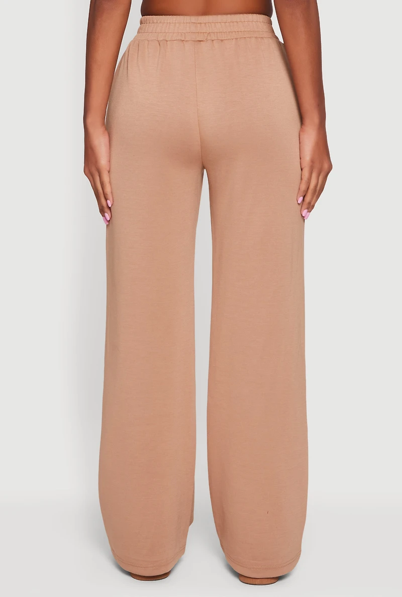 Womens Elastic Waist Pull On Wide Leg Sweatpants, Khaki,