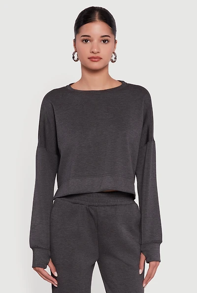 Crew Neck Pullover Crop Top with Thumb Holes