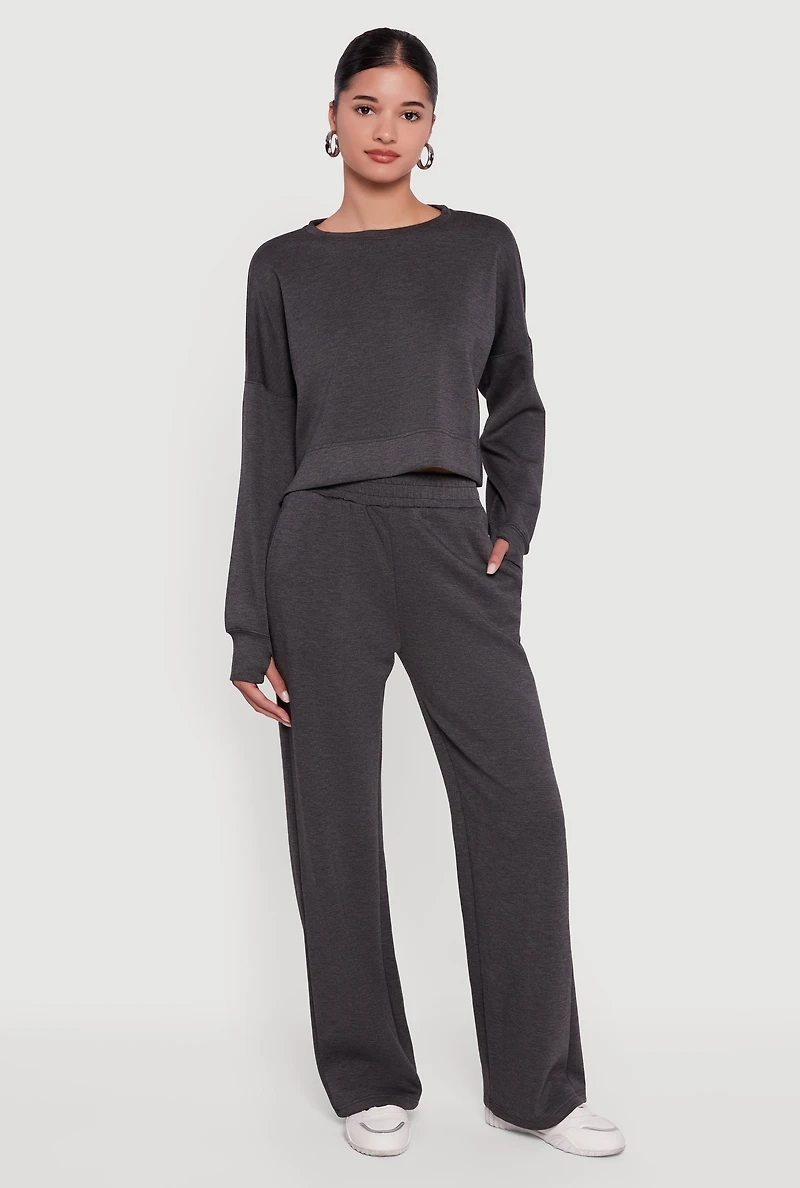 Womens Crew Neck Pullover Crop Top with Thumb Holes, Grey,