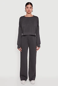 Crew Neck Pullover Crop Top with Thumb Holes