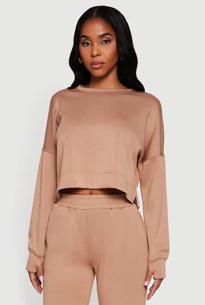 Womens Crew Neck Pullover Crop Top with Thumb Holes,