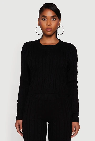 Womens Cropped Cable Knit Long Sleeve Sweater,